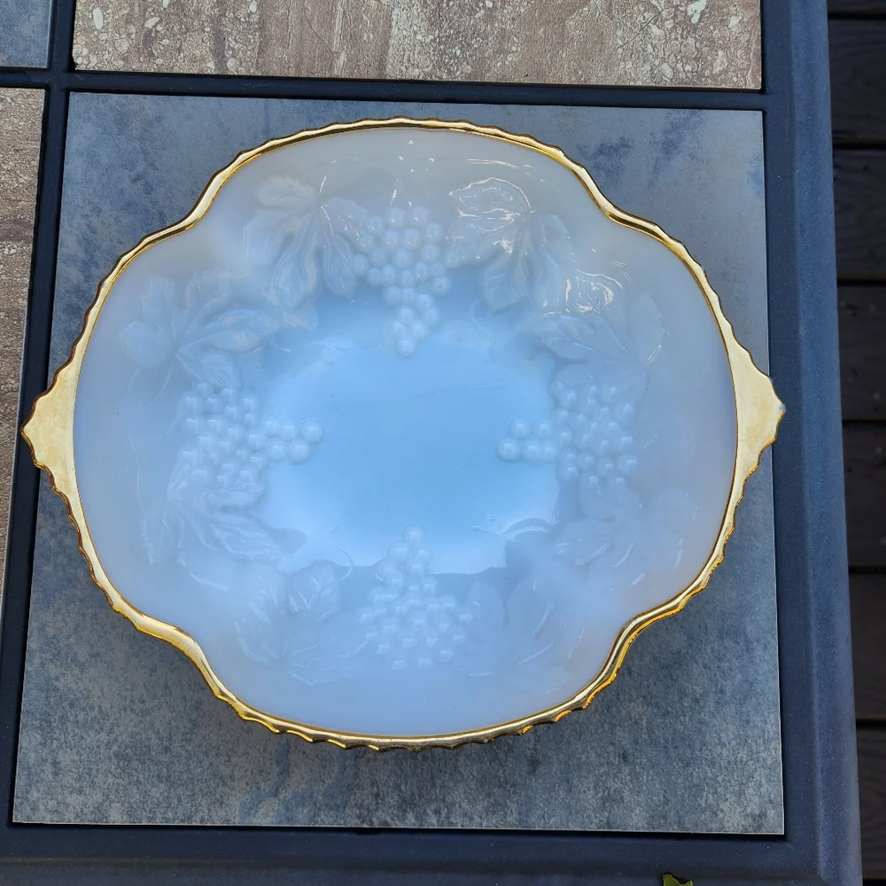 Vintage Anchor Hocking Milkglass Bowl With Grape & Vine Pattern and Gold Trim
